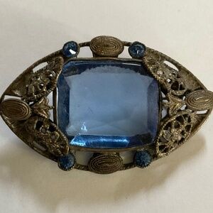 Antique Victorian Large Filigree Faceted Blue Stone Brooch Pin Rhinestones 2"